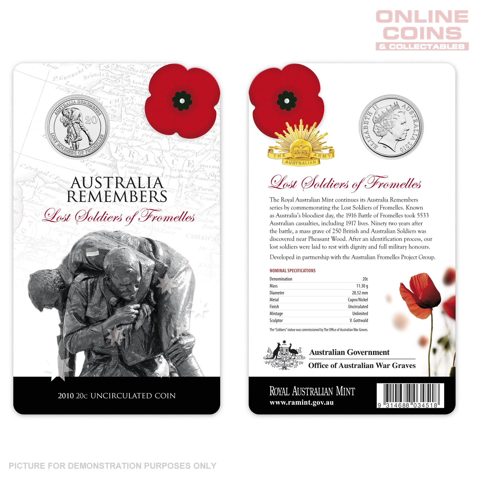 2010 Royal Australian Mint - Australia Remembers - Lost Soliders of Fromelles - Uncirculated 20c Carded Coin